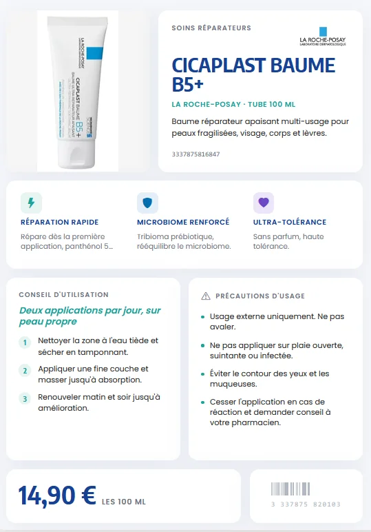 Fiche A6 d'un baume réparateur, générée avec maficheproduit