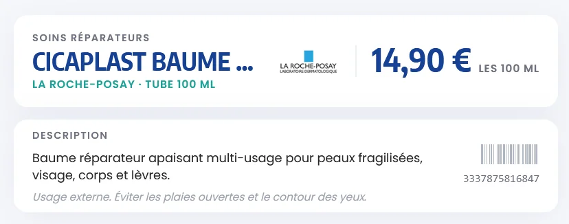 Fiche réglette 10 cm d'un baume réparateur, générée avec maficheproduit