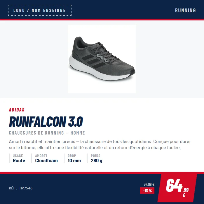 Fiche produit d'une chaussure de running générée avec maficheproduit